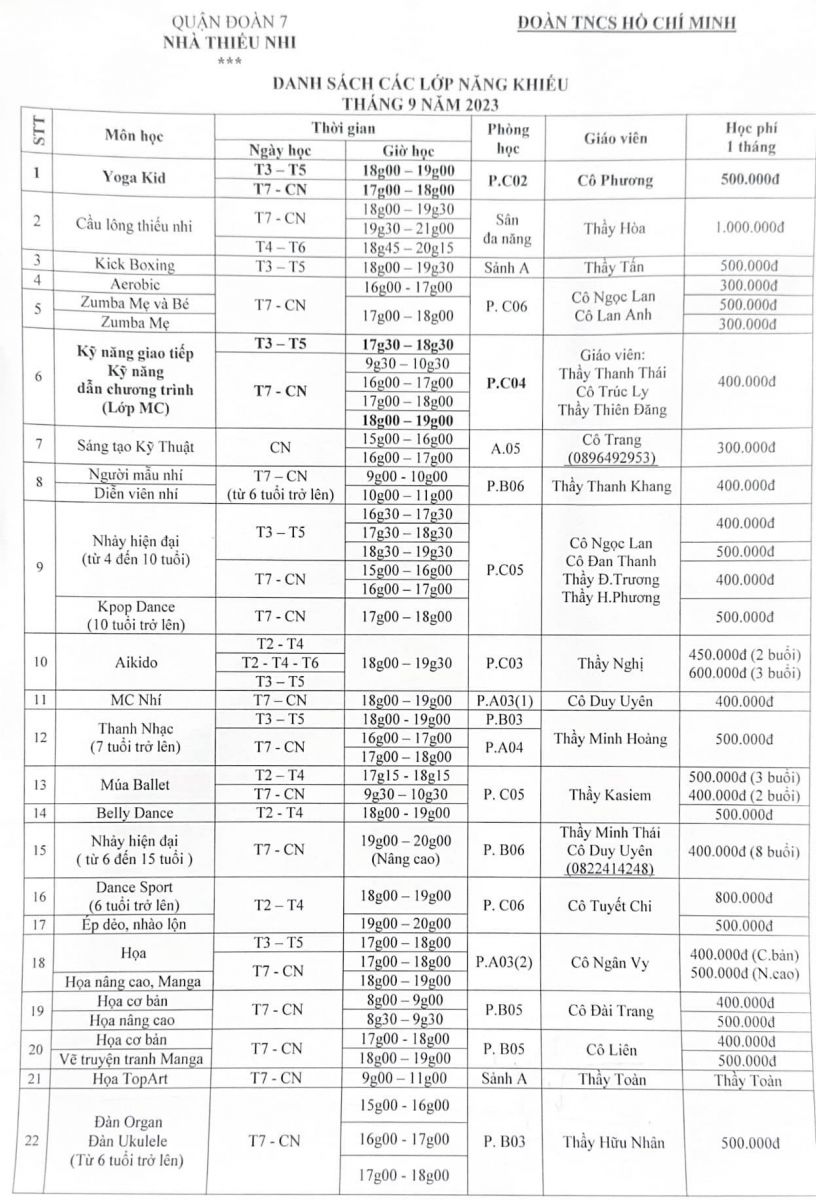 LỊCH CHIÊU SINH THÁNG 09/2023