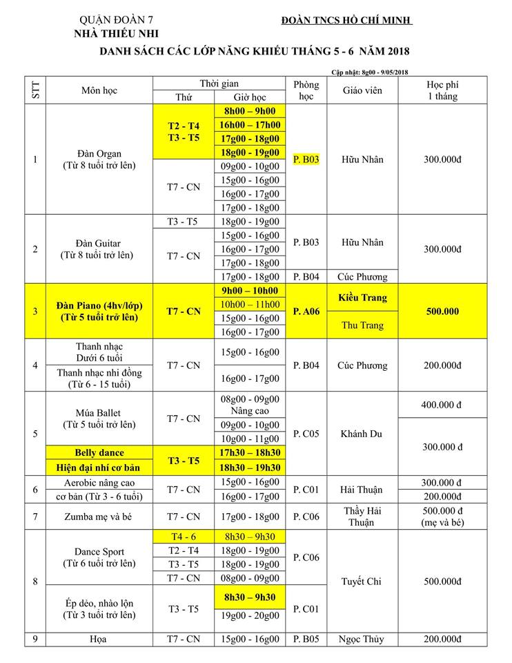 Lịch học các lớp năng khiếu Tháng 5, Tháng 6 năm 2018 