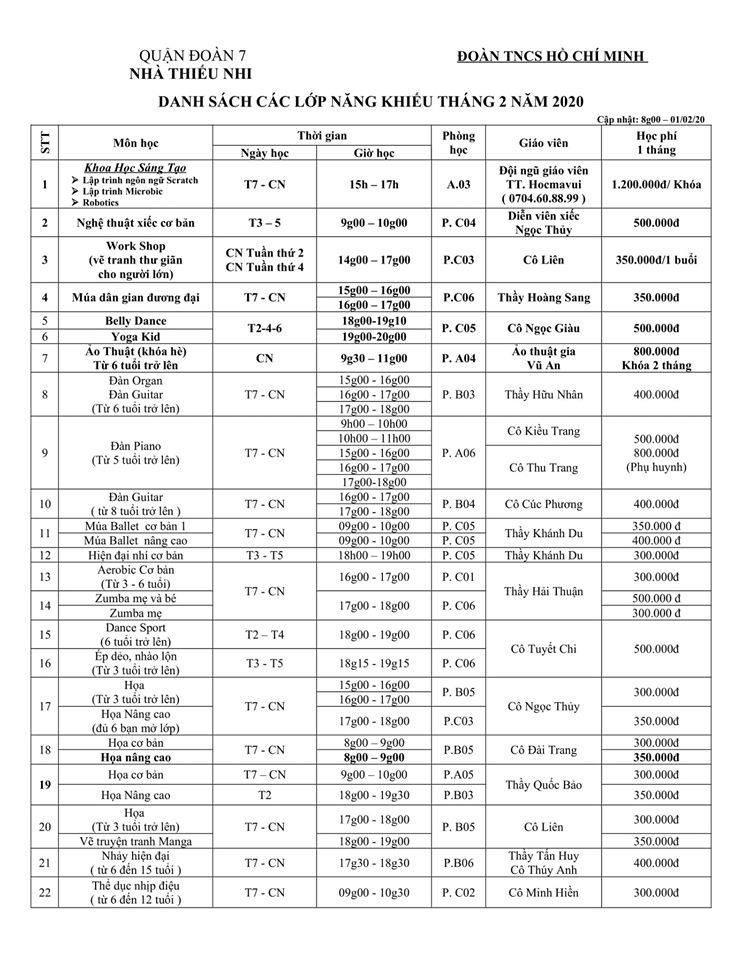 Lịch chiêu sinh năng khiếu tháng 2/2020 